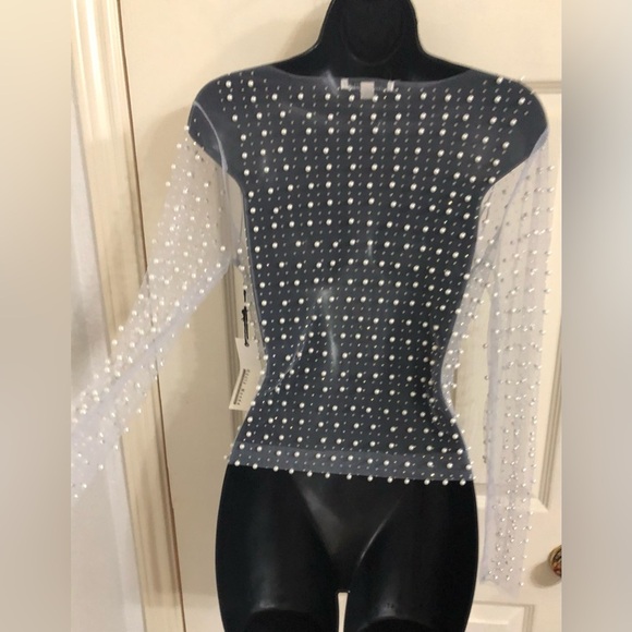 Cream Pearl Beaded rhinestone crystal sheer mesh long sleeve top size size Small - Picture 14 of 16
